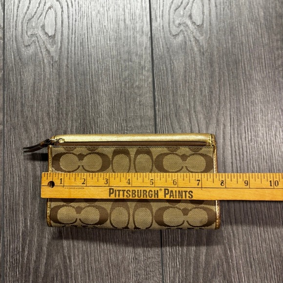 Coach Signature C Metallic Gold Leather Buckle Slim Tri-Fold Long Wallet - Picture 5 of 7